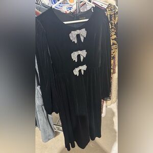 Sugarlips Black Velvet Dress with Rhinestone Bow Accents